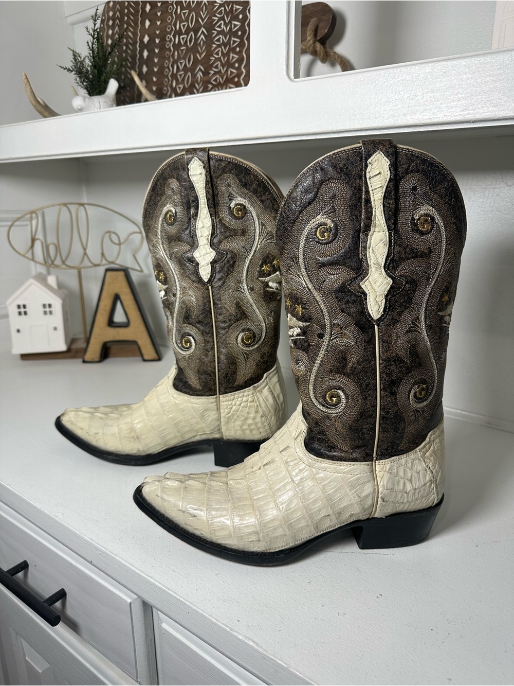 El General Exotic Cowboy Boots Men’s 8 D Women’s 9.5 White Croc Leather Western